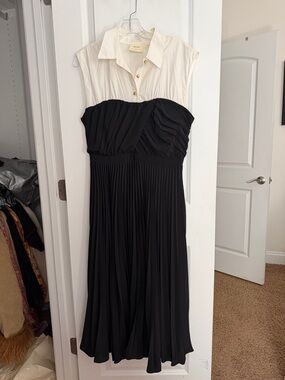 Maje Two-Tone Strapless Pleated Midi Dress - Black & Cream from Anthropologie